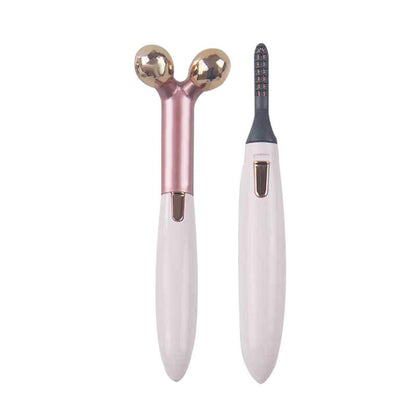 2 In 1 Electric Portable Heated Eyelash Curler 3D Face Slimming Massage Roller Eye Lashes Curling Tool Facial Beauty Tools